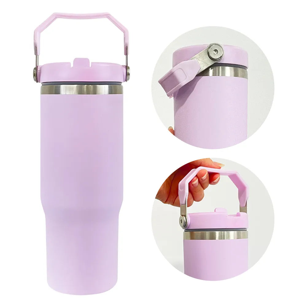 Case of 25Pack 30oz Sublimation Matte Stainless Steel Insulated Sports Water Bottle Macaron Flip Straw with Handheld