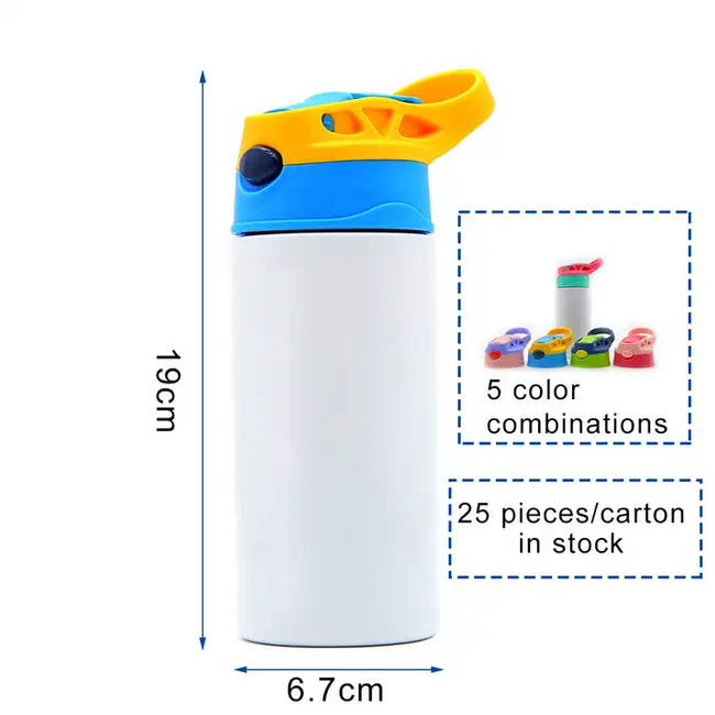 Case of 25Pack(5colos) 12 Oz Sublimation Kid Tumbler Cup Insulated Water Bottle, with Straw and Lid, Sublimation Water Bottle Blank