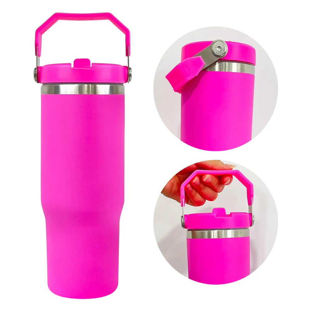 Case of 25Pack 30oz Sublimation Matte Stainless Steel Insulated Sports Water Bottle Macaron Flip Straw with Handheld