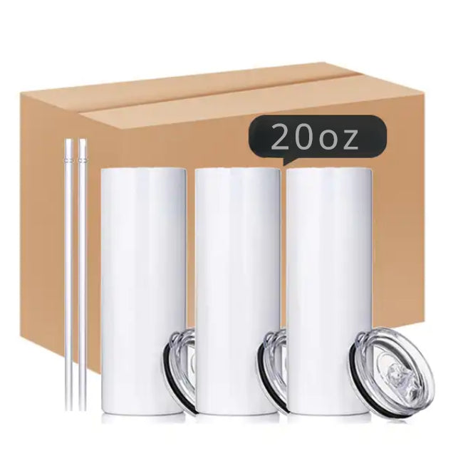Case of 25Pack 20 oz Sublimation Tumblers Blank Straight Skinny bulk for Heat transfer, Double Wall Insulated Tumbler with Lids