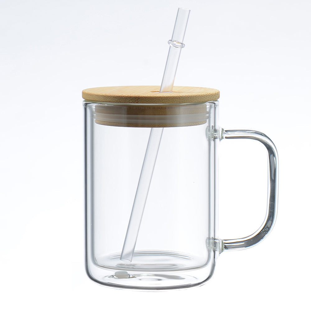15oz CASE (25 UNITS) Double Wall Glass Cup Blank Sublimation Skinny Straight Snow Globe with Handle