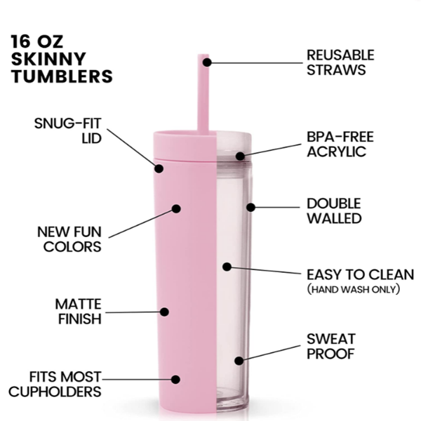 16oz (30 / UNITS) Skinny Matte Pastel Colored Acrylic Tumblers