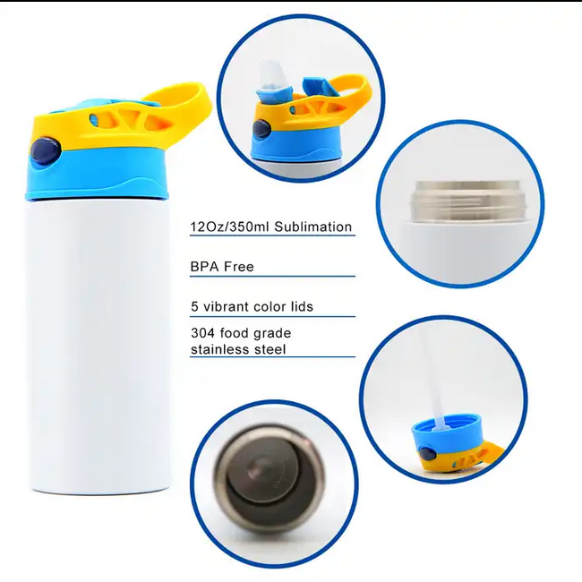 Case of 25Pack(5colos) 12 Oz Sublimation Kid Tumbler Cup Insulated Water Bottle, with Straw and Lid, Sublimation Water Bottle Blank