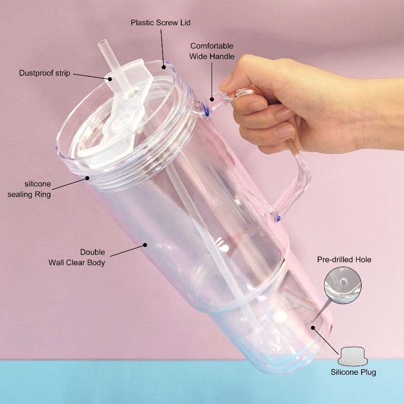 20Pack 40oz Clear Double Wall Plastic Snowglobe Cup Acrylic Snow Globe Tumbler with Pre Drilled Hole and Stoppers