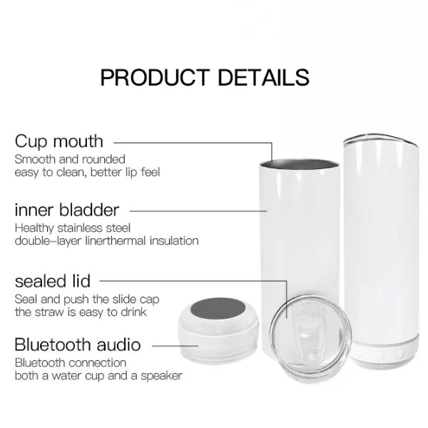 25Pack 20oz Double Wall Insulated Vacuum Music Sublimation Tumbler with Blue Tooth Speaker