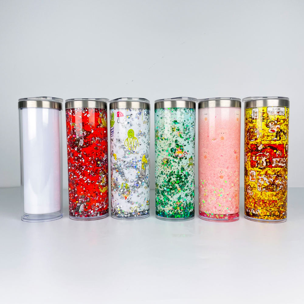 25Pack 20oz Double Wall Sublimation  printing Snow Globe Stainless Steel  Acrylic Pre Drilled Snowglobe Straight Tumbler with Lid