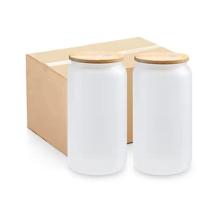 32Pack 16 oz Sublimation Beer Can Glass Blanks with Bamboo Lid and Straw, 16oz Frosted Sublimation Tumbler Blanks