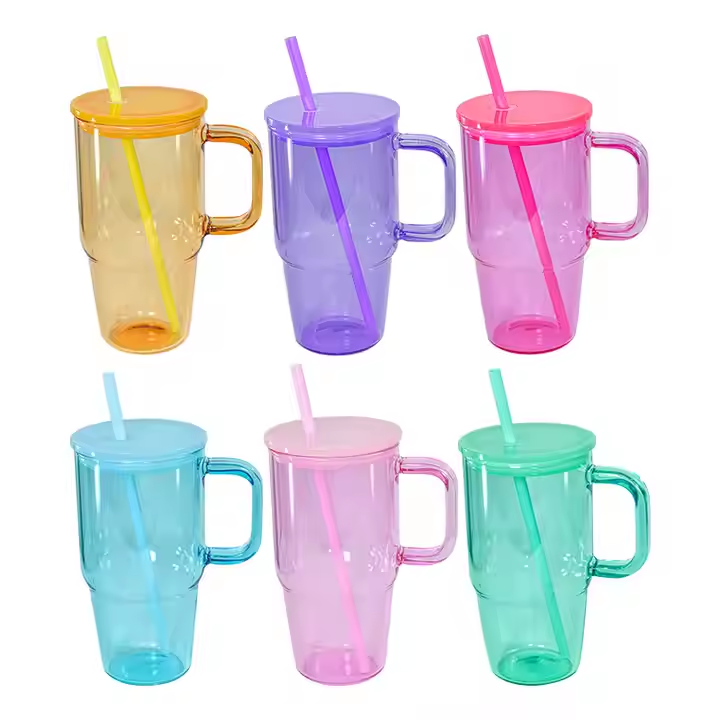 20oz Case  (20 UNITS) Sublimation Multi-color Transparent Glass Beer Drum Blanket, Juice Jelly Colored Travel Mug, with Lid and Straw,