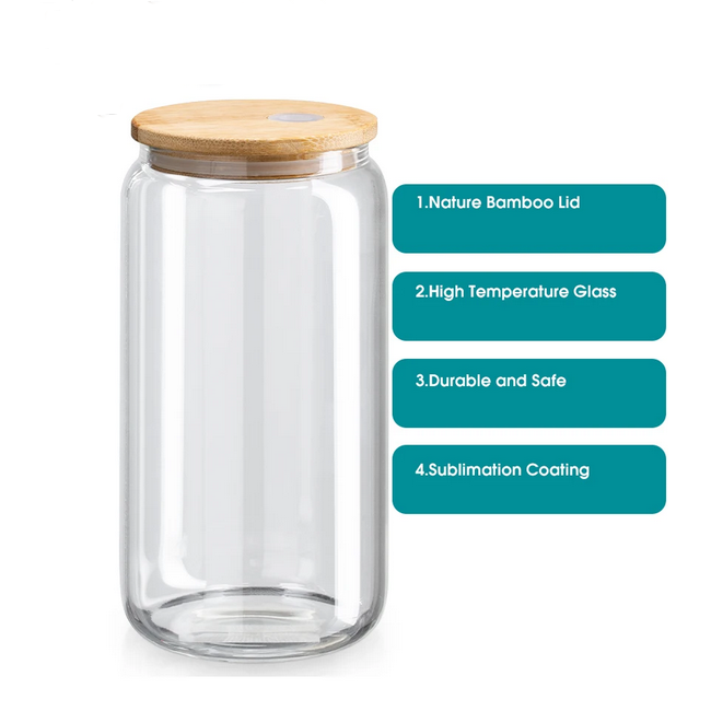 32Pack 16 oz Sublimation Glass Tumbler Blanks, 16 OZ Sublimation Glass Mason Jar with Bamboo Lids and Straws